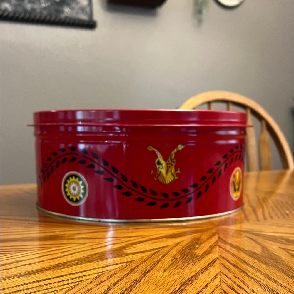 Vintage Pennsylvania Dutch  Red Decorative Tin with Black and Gold Accents
